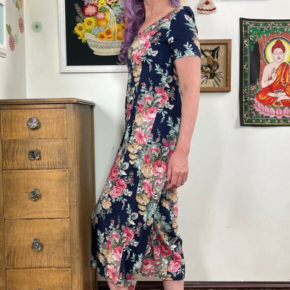 Vintage Floral Rayon Jumpsuit, 1980s Navy & Pink One Piece by Expo, Sz S - Picture 8 of 11